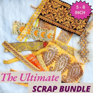 kantbundel, restantpakket, geborduurde veters, Indiaas kant, sampler, junkjournaling, gele veters, doe-het-zelf, schroot, decor - stukken van 5-8 inch