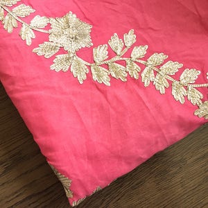 pink embroidered fabric, dupatta fabric, indian fabric, floral embroidered cotton , gold floral embroidery - HALF YARD - emb063