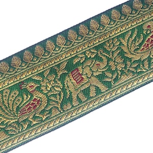 Borde indio, decorativo, borde verde, borde artesanal, borde sari, borde de patrón de loro pavo real elefante, decoración, corte de corte a medida- Lace653