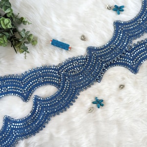 acabamento azul royal, renda indiana, bordas bordadas, acabamento indiano, trabalho com lantejoulas, decorativo, estilo étnico, artesanato, faça você mesmo, acabamento de sári - lace1041
