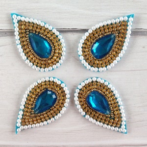 cyan mirror, sew on applique, drop shaped motif, dress making, decorative, Indian patches, craft embellishment, beads, handmade - mtf386