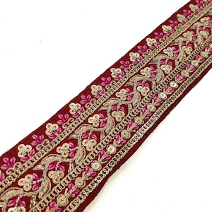 embroider lace, maroon lace, saree border, fabric lace, gold sequins, embroidered ribbon, indian lace, indian style lace - Lace812