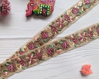 embroidered trim, Indian trim by the yard, boho trim, saree border, beige lace, floral embroidery with sequin, craft border, diy - Lace960