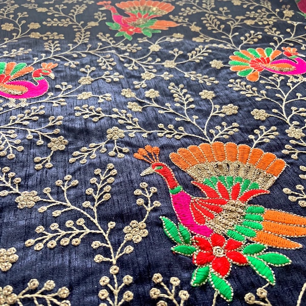 Indian fabric, blue fabric, floral pattern, embroidered, dress material, fabric by the yard, decorative, peacock motifs - HALF YARD - emb234