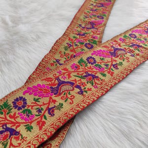 Indische Stoffborte, Jacquardspitze, Pfauenmotiv, florales Muster, Sariseide, handgemachte Spitze - Lace938