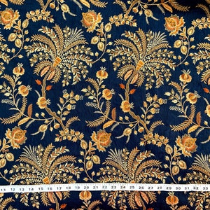 Indian fabric, blue fabric, tree motifs, embroidered, dress material, fabric by the yard, decorative, golden threadwork- HALF YARD - emb239