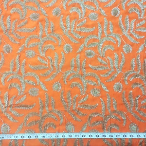 embroidered fabric, orange silky fabric, silver and light gold sequins, floral pattern, indian embroidery, dupatta HALF YARD emb118 image 2