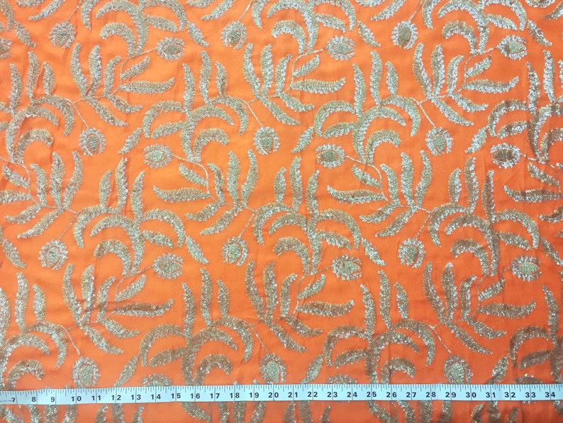 embroidered fabric, orange silky fabric, silver and light gold sequins, floral pattern, indian embroidery, dupatta HALF YARD emb118 image 2