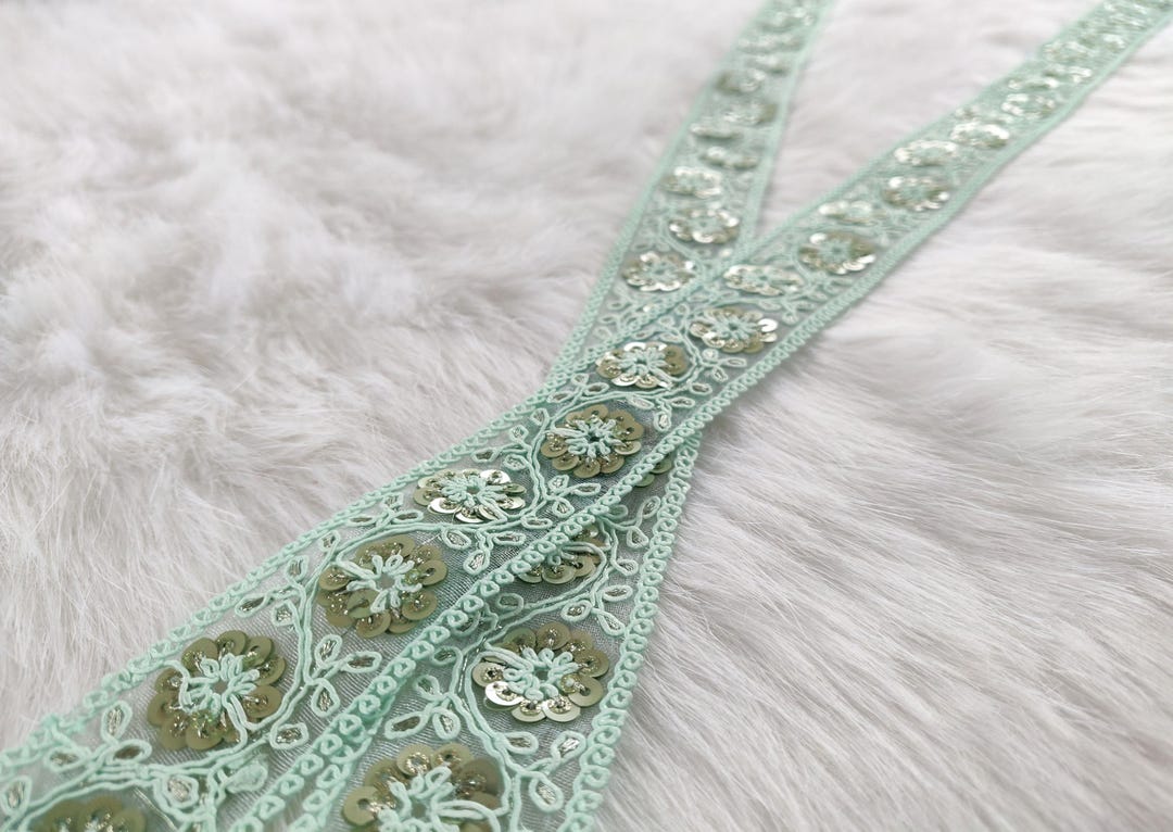 Embroidered Borders, Pale Sea Green Trim, Indian Lace, Sequin Work ...