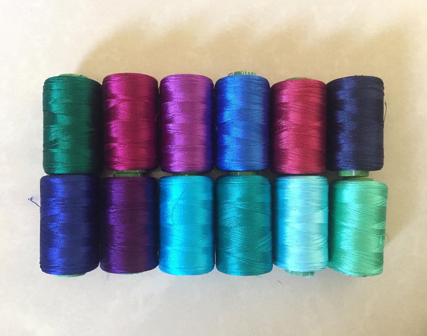 embroidery thread spools, art silk thread, indian silk thread, embroidery supplies, Peacock Colors - set of 12 shades