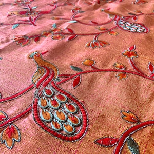 Indian fabric, pink yellow iridescent silk, peacock embroidery, embroidered fabric, dress material, fabric by the yard - HALF YARD - emb230