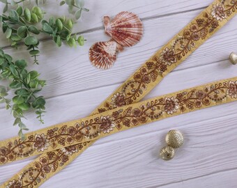 embroidered border, multicolored lace, indian trim, floral, golden trim, decorative, floral style, craft, diy, sequins - lace1224