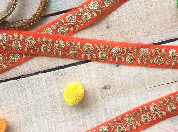 Gold Floral Pattern, Orange Lace, Embroidered Trim, Indian Lace, Sari  Borders, Craft Lace, Home Decor, Indian Ribbon, Floral Laces Lace438 -   Israel