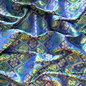 indian brocade fabric, turquoise and royal blue patola style brocade, indian pattern, saree blouse fabric - half yard and 1 yard - br246