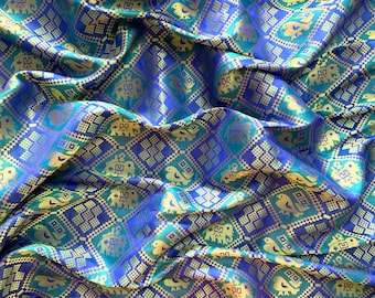 indian brocade fabric, turquoise and royal blue patola style brocade, indian pattern, saree blouse fabric - half yard and 1 yard - br246