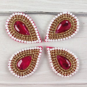 sew on applique, drop shaped motif , dress making, fuchsia mirror, decorative, Indian patches, craft embellishment, beads, handmade - mtf384