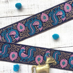 Bordure jacquard inde, garniture perroquet, oiseau, bleu turquoise, ruban rose, dentelle sari, décoratif, couture sur robe, bricolage, décoration intérieure - Lace644