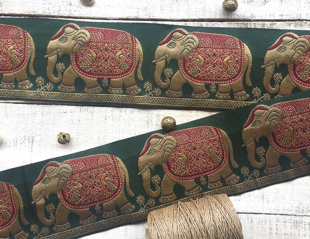 Green Lace, Saree Border, Indian Trims, Elephant, Boho Ribbon, Gold