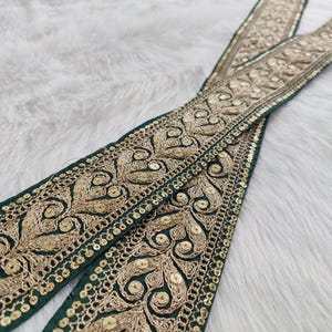 Indian lace, gold thread work, bottle green trim, embroider, saree border, sequin, floral pattern, boho, craft, lace by yard- lace1150