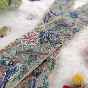 Adornos de la India, encaje cortado a medida, trabajo con hilo, borde de sari, beige, organza, bordado, artesanía, decorativo, motivos florales, animales - lace1204