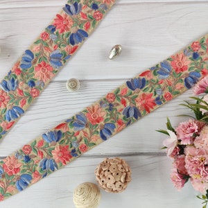 Adorno de tela india, cinta bordada, cinta multicolor, motivo floral, encaje artesanal, encaje decorativo para el hogar, borde de sari - Lace906