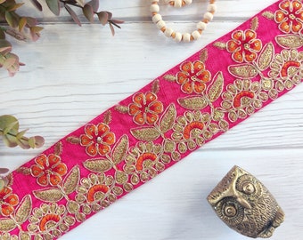 Indian trims, embroider lace, saree lace, India laces, sequin borders, hot pink trim, orange and gold laces, floral trims - Lace778