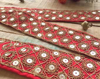 geometrisches Muster, rote Spitze, bestickte Borte, Boho Band, Saree Bordüre, indische Spitze, Bastelspitze, Home Dekor Spitze, Sari Borte - Lace469