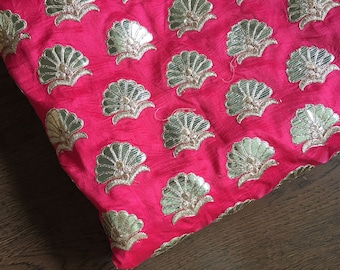 pinkish red embroidered faux silk, indian fabric, gold gota, dress material, floral embroidery, red silk fabric - HALF YARD - emb031