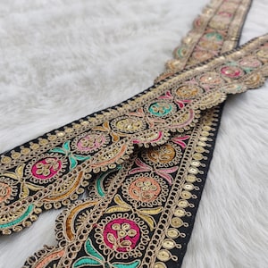 black trim, Indian lace, sari border, sequin trim, embroidered border, gold thread work, decorative, floral pattern, multicolored - lace1086
