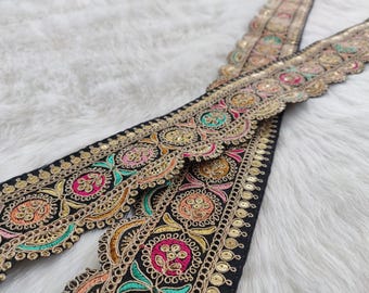 black trim, Indian lace, sari border, sequin trim, embroidered border, gold thread work, decorative, floral pattern, multicolored - lace1086