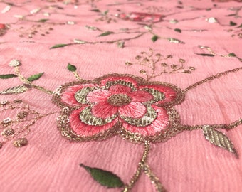 embroidered indian fabric, chinon by yard, saree blouse, india dress material, floral embroidery, india fabric, dupatta - HALF YARD - emb184