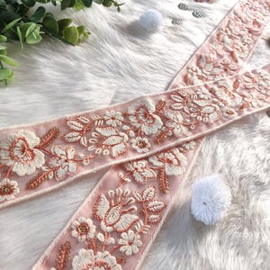 pink trim, India trim, embroidered border, thread work, Indian lace, decorative, floral pattern, sari border, craft, diy - lace1078
