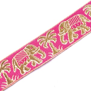 Pink Elephant Trim, Indian border, golden jacquard trim, Woven Border, sari border by the yard, craft ribbon, junk journaling- Lace665