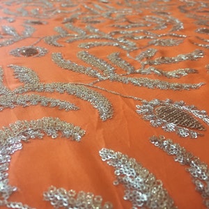 embroidered fabric, orange silky fabric, silver and light gold sequins, floral pattern, indian embroidery, dupatta HALF YARD emb118 image 3