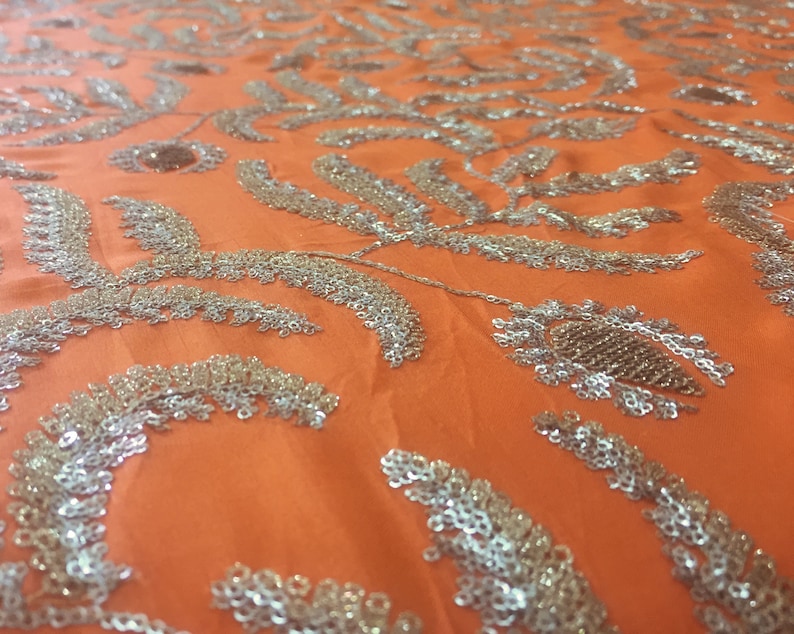 embroidered fabric, orange silky fabric, silver and light gold sequins, floral pattern, indian embroidery, dupatta HALF YARD emb118 image 3