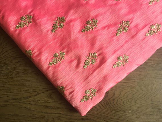 Coral Embroidered Art Silk, Bright Coral Poly Silk, Gold Floral Embroidery,  Faux Silk Fabric, Dress Making Fabric HALF YARD Emb078 -  New Zealand