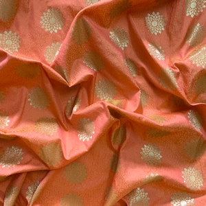 brocade fabric, peach and yellow iridescent brocade, gold flowers, brocade by the yard, Indian brocade - half yard and 1 yard - br256