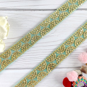 Ribete de tela india, adornado con secuencia, ribete verde claro, borde de sari, artesanía, bricolaje, borde indio, corte de encaje a medida - Lace914