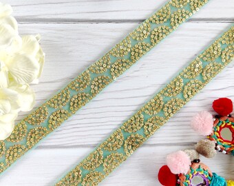 Indian fabric trim, embellished with sequence, light green trim, saree border, craft, diy, Indian Border, lace by the yard - Lace914