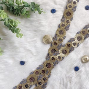 renda indiana, cinza escuro, borda dourada, floral, acabamento por metro, artesanato, faça você mesmo, bordado dourado, decorativo, lantejoulas, acabamento BOHO - Lace1216