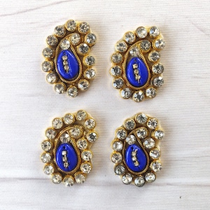 royal blue patch, sew on applique, paisley shape applique, craft embellishment, diy, dress making, pillow motif, golden, Indian - mtf398