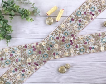 green color trim, lace by the yard, embroidered border, multicolored lace, indian lace, sequins, floral pattern, decorative, diy - lace1235