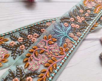 turquoise net lace, Indian trim by the yard, saree border, boho trim, India laces, embroidered, floral, decorative, craft border - Lace989