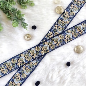 Dentelle indienne, bordure sari, bordure bleu marine, bordure indienne, bordure brodée, travail au fil, décoration, motif floral, artisanat, bricolage - dentelle1081