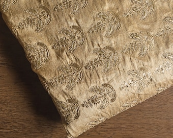 embroidered fabric, gold beige poly silk, india fabric by the yard, costume fabric, sari fabric, dress material - HALF YARD - emb191