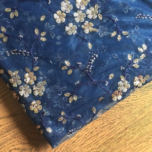 Indian fabric, dress material in net, navy blue net, sequin floral embroidery, embroidered fabric, sari blouse dupatta - HALF YARD - emb211