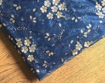 Indian fabric, dress material in net, navy blue net, sequin floral embroidery, embroidered fabric, sari blouse dupatta - HALF YARD - emb211