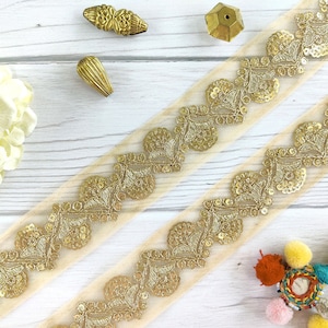 embellished with sequin , Indian trim, gold lace, floral border, cutwork trim, saree border, craft lace, homedecor lace - Lace886