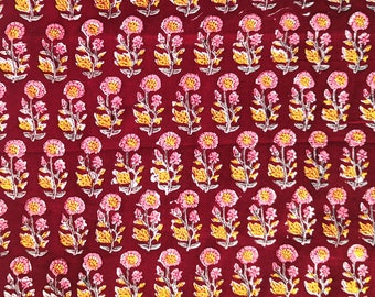 burgundy cotton fabric, Jaipur cotton, cotton by the yard, Indian block print, floral pattern, hand printed, craft - 1 yard - ctjp404