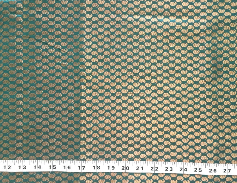 Peacock Green Brocade, Small Gold Paisley Motifs, India Fabric, Brocade ...